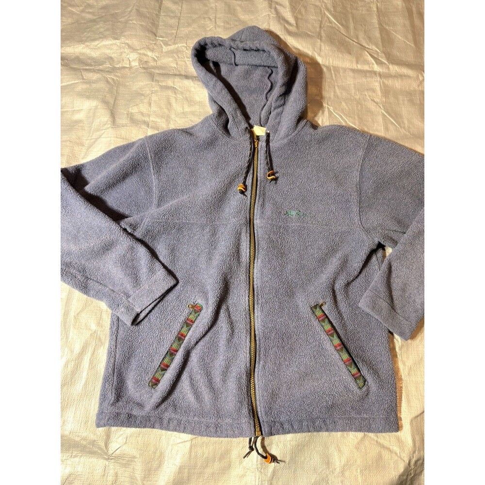Vintage LL Bean Fleece Jacket Hoodie Aztec Trim Blue Full Zip USA 90s Warm